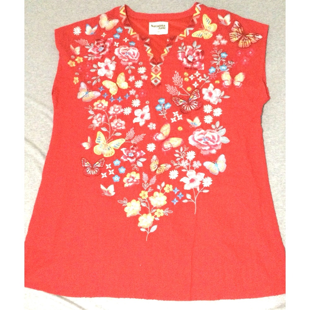 Savanna Jane Embroidered Floral butterfly Top blouse 1X Floral